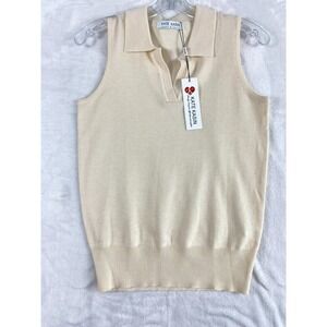 NWT‎ Kate Kasin Knit Blouse Top Sz S Cream/Light Beige Sleeveless Collar Preppy